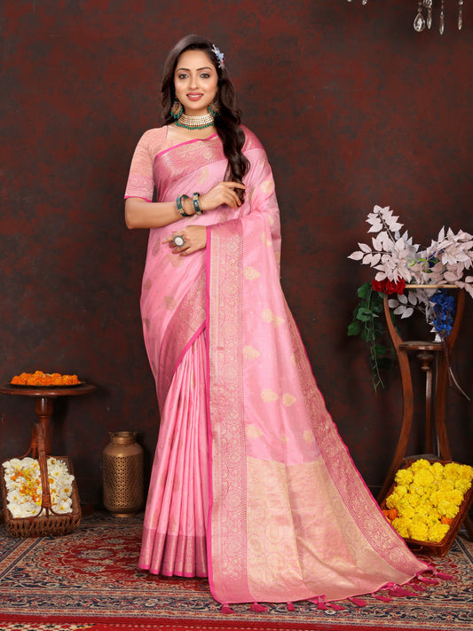 Vsaree Pink Silk Blend Saree With Flower Design Border And Blouse