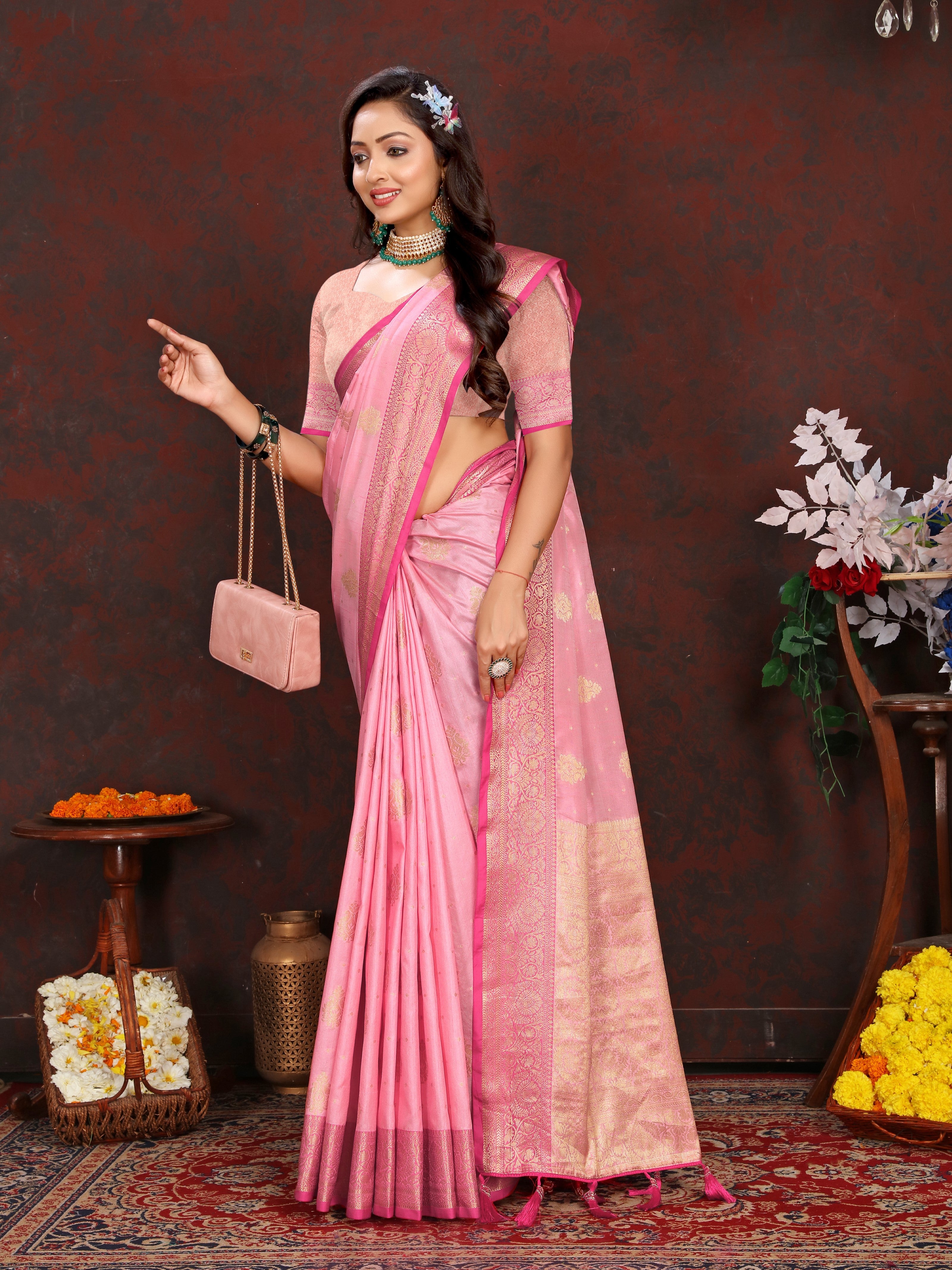 Vsaree Pink Silk Blend Saree With Flower Design Border And Blouse