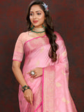 Vsaree Pink Silk Blend Saree With Flower Design Border And Blouse