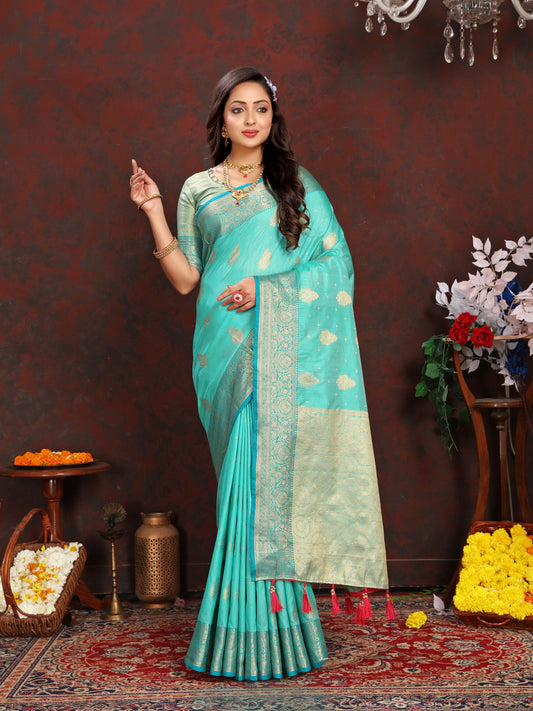 Vsaree Teal Silk Blend Saree With Flower Design Border And Blouse