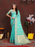 Vsaree Teal Silk Blend Saree With Flower Design Border And Blouse