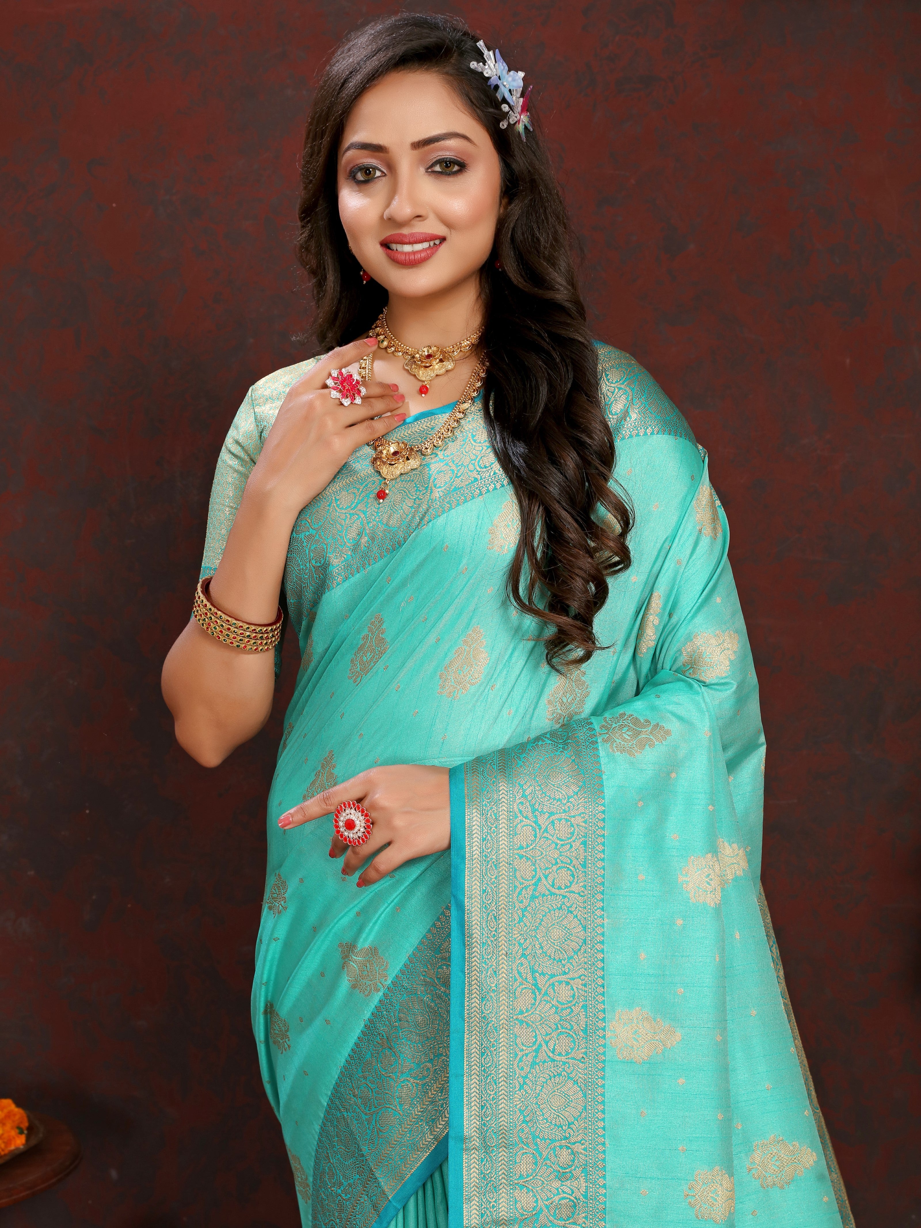 Vsaree Teal Silk Blend Saree With Flower Design Border And Blouse