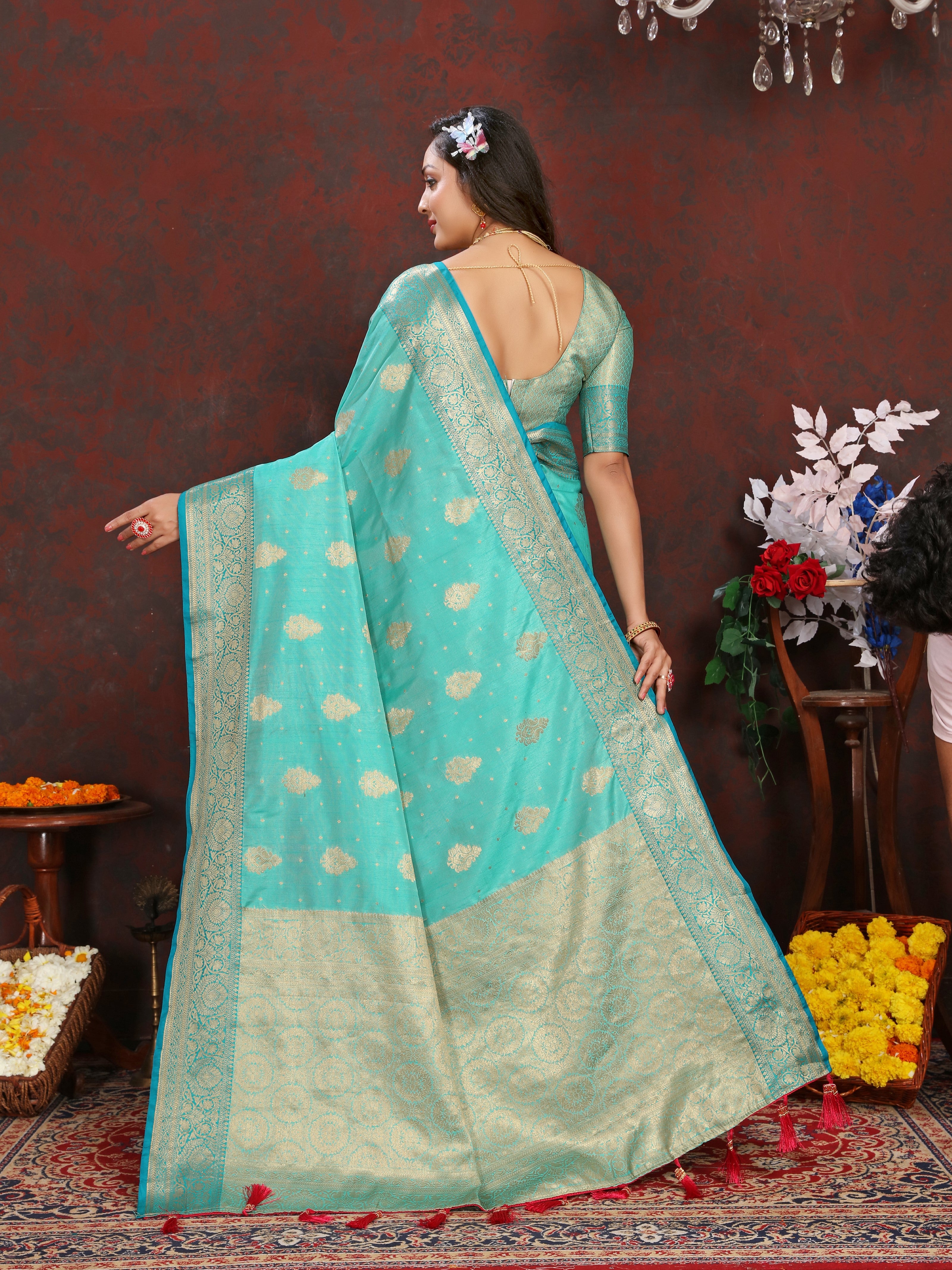 Vsaree Teal Silk Blend Saree With Flower Design Border And Blouse