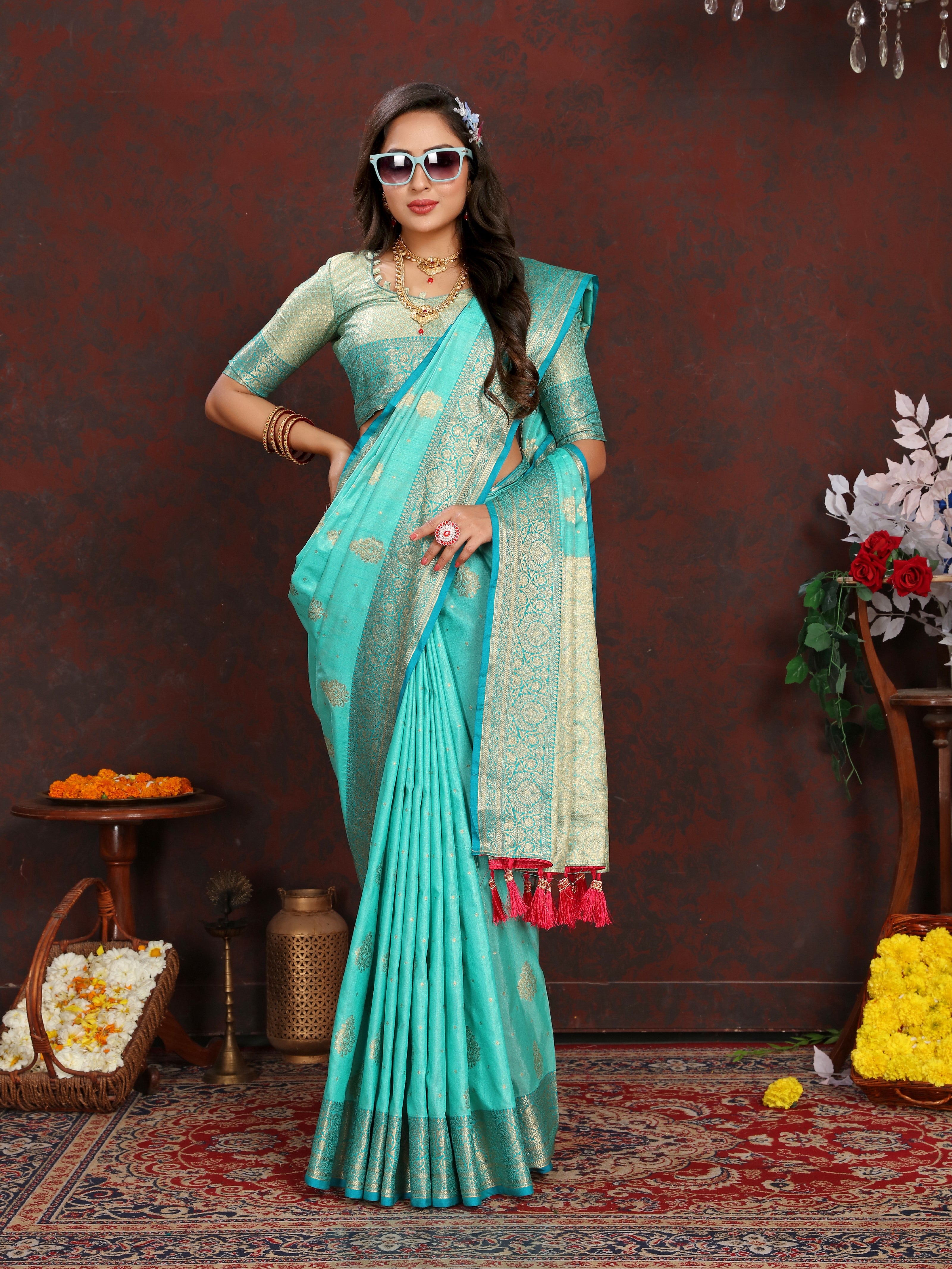 Vsaree Teal Silk Blend Saree With Flower Design Border And Blouse