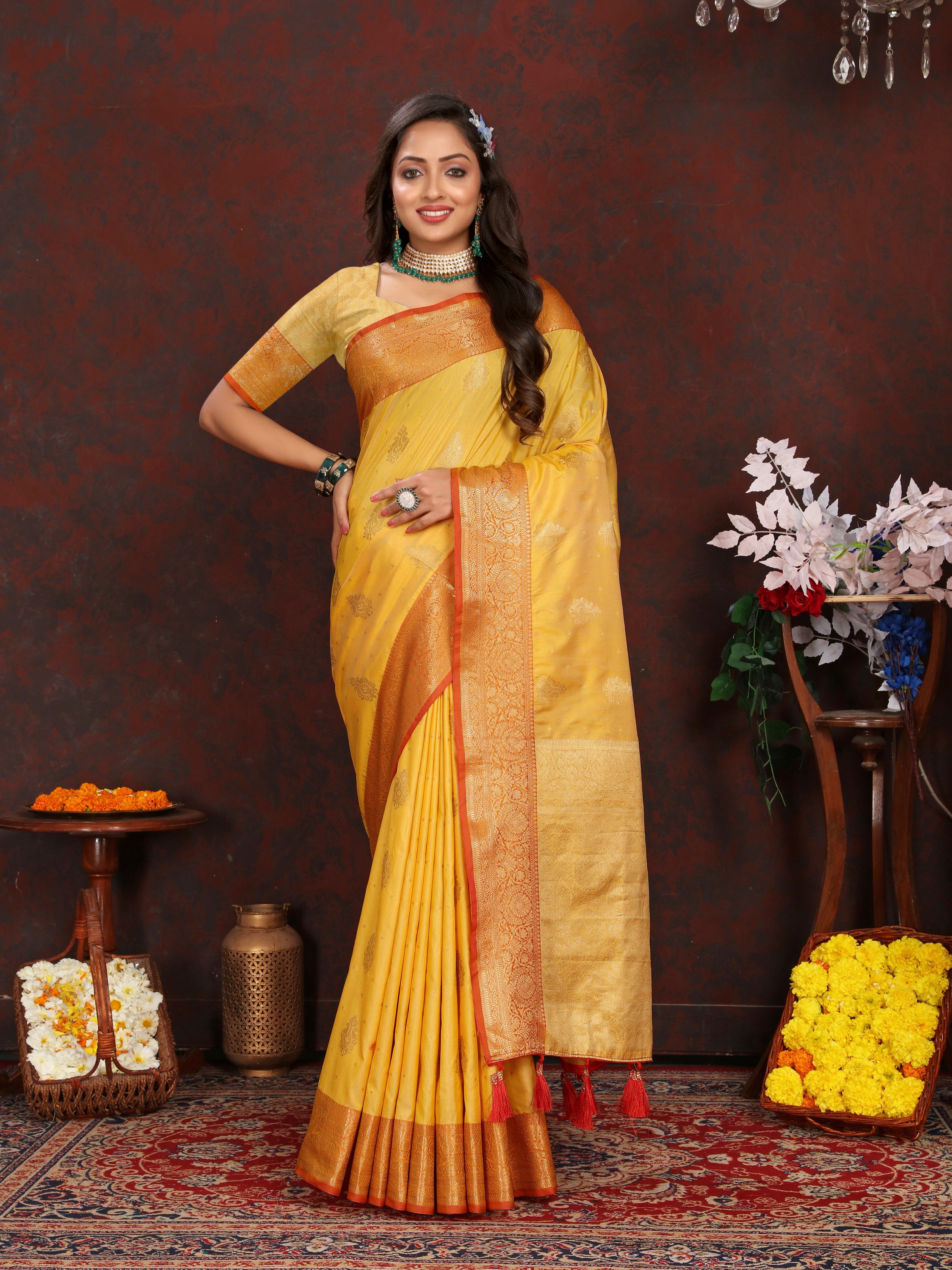 Vsaree yellow Silk Blend Saree With Flower Design Border And Blouse