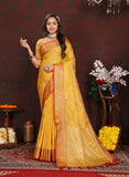 Vsaree yellow Silk Blend Saree With Flower Design Border And Blouse