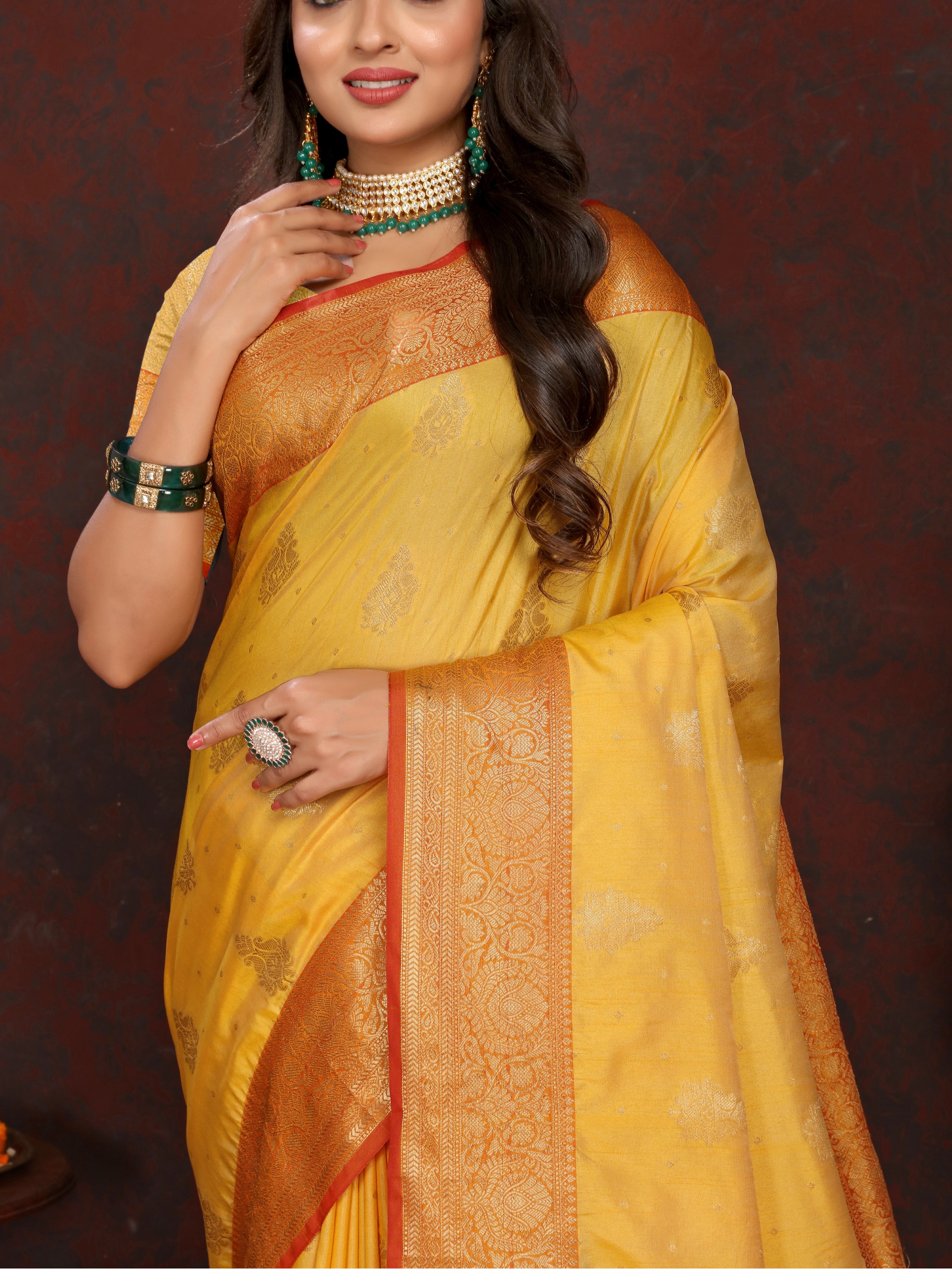 Vsaree yellow Silk Blend Saree With Flower Design Border And Blouse