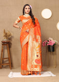 Vsaree Orange Paithani Silk Flower Border And Zari Weaving Rich Pallu With Blouse