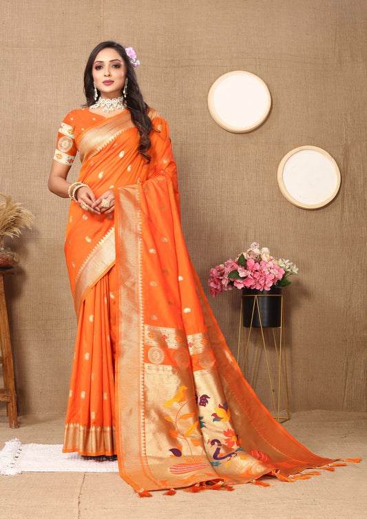 Vsaree Orange Paithani Silk Flower Border And Zari Weaving Rich Pallu With Blouse