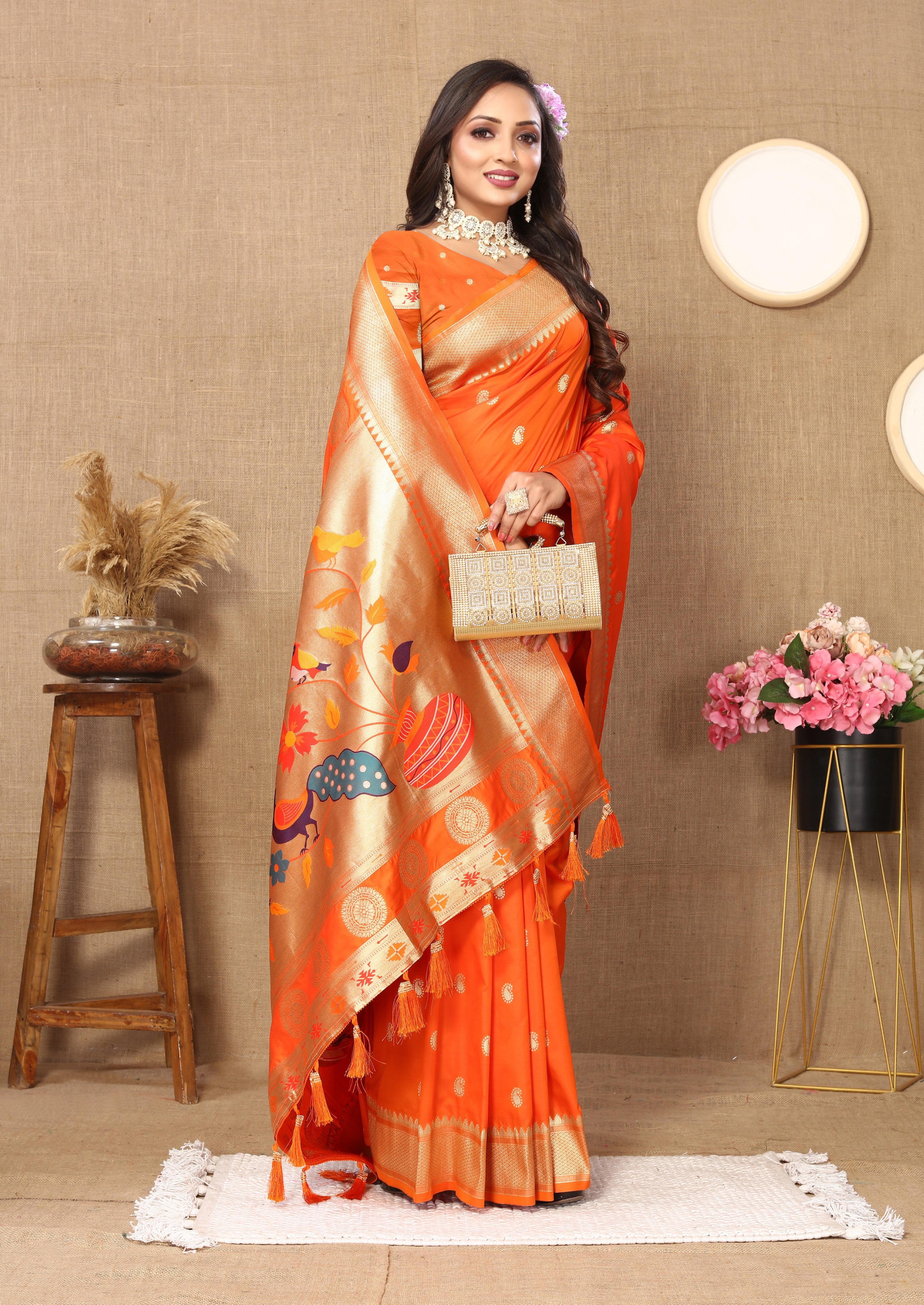 Vsaree Orange Paithani Silk Flower Border And Zari Weaving Rich Pallu With Blouse