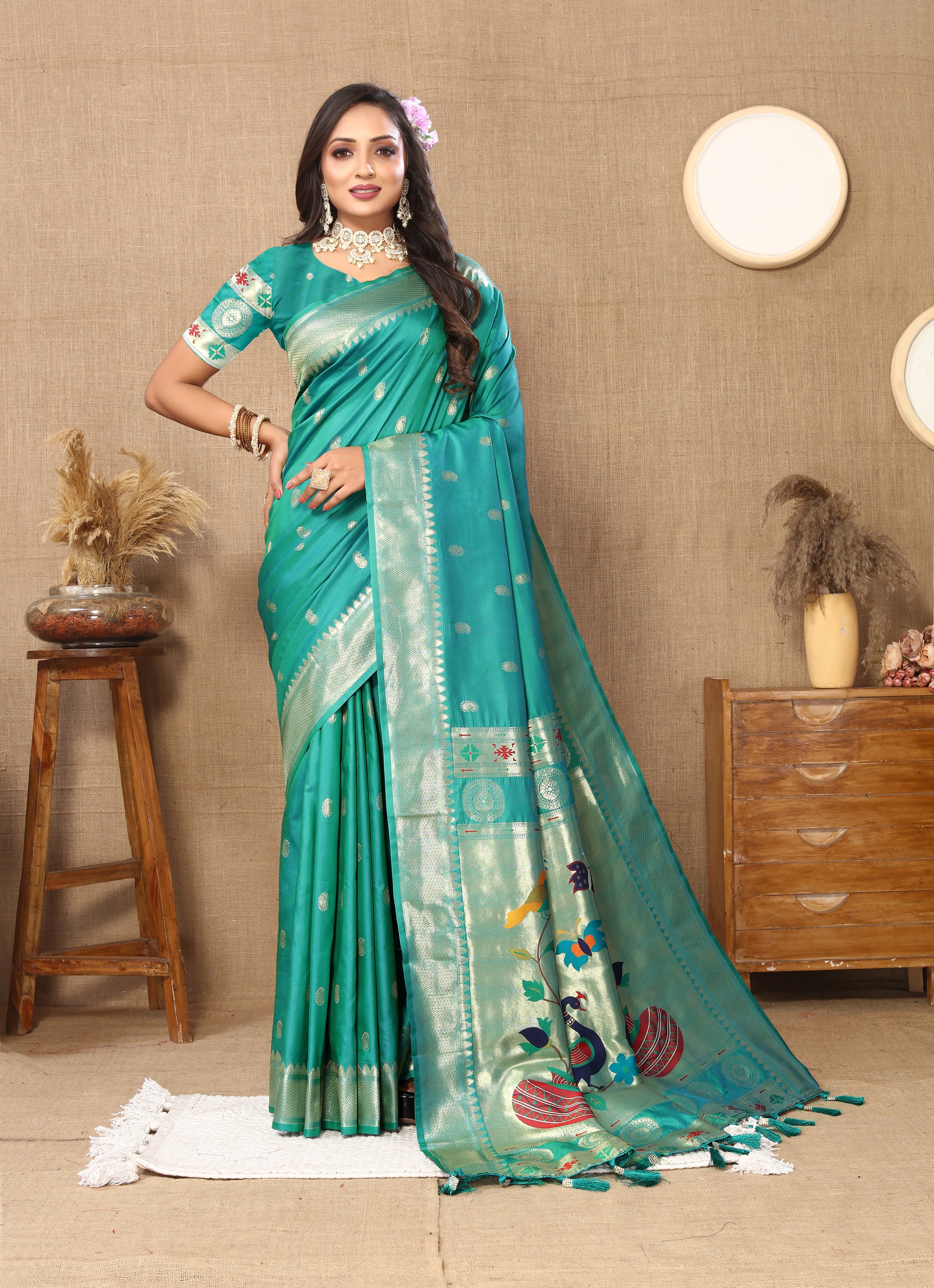 Vsaree Teal Paithani Silk Flower Border And Zari Weaving Rich Pallu With Blouse