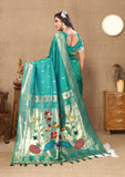 Vsaree Teal Paithani Silk Flower Border And Zari Weaving Rich Pallu With Blouse