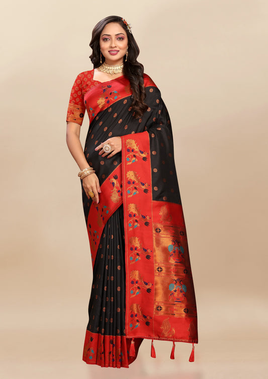 Vsaree Black Paithani Silk Flower Border And Zari Weaving Rich Pallu With Blouse