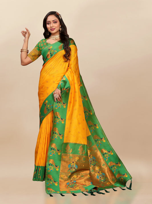 Vsaree Yellow Paithani Silk Flower Border And Zari Weaving Rich Pallu With Blouse