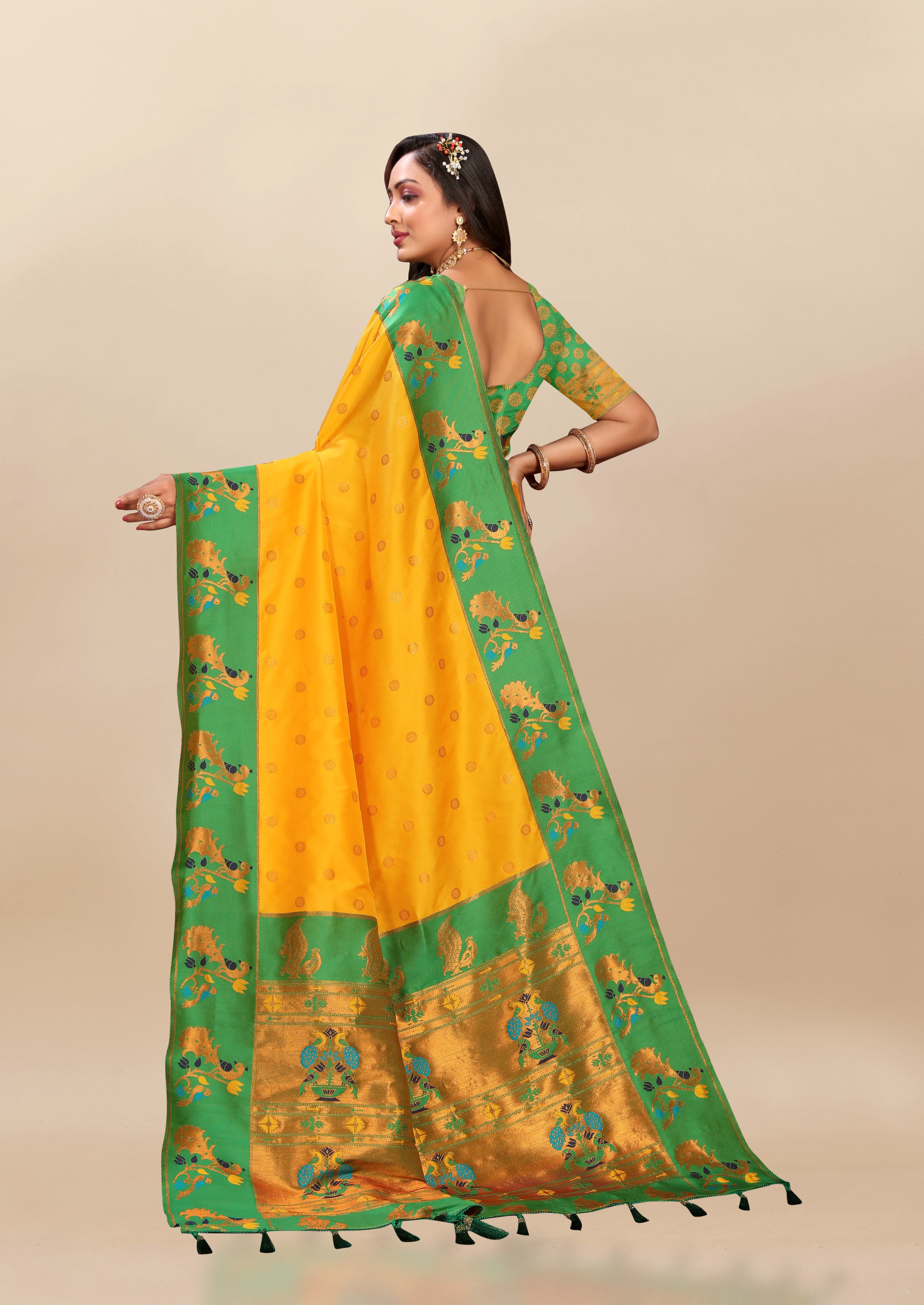 Vsaree Yellow Paithani Silk Flower Border And Zari Weaving Rich Pallu With Blouse