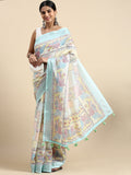 Vsaree Sea Green Linen Saree With Floral Print And Lotus Border Classic Pallu With Blouse