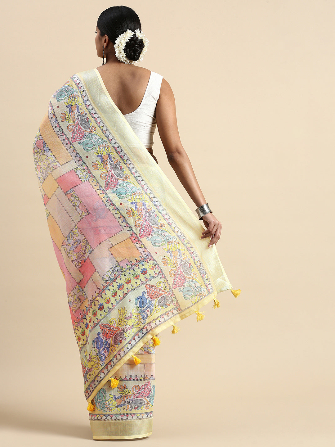 Vsaree Yellow Linen Saree With Floral Print And Lotus Border Classic Pallu With Blouse