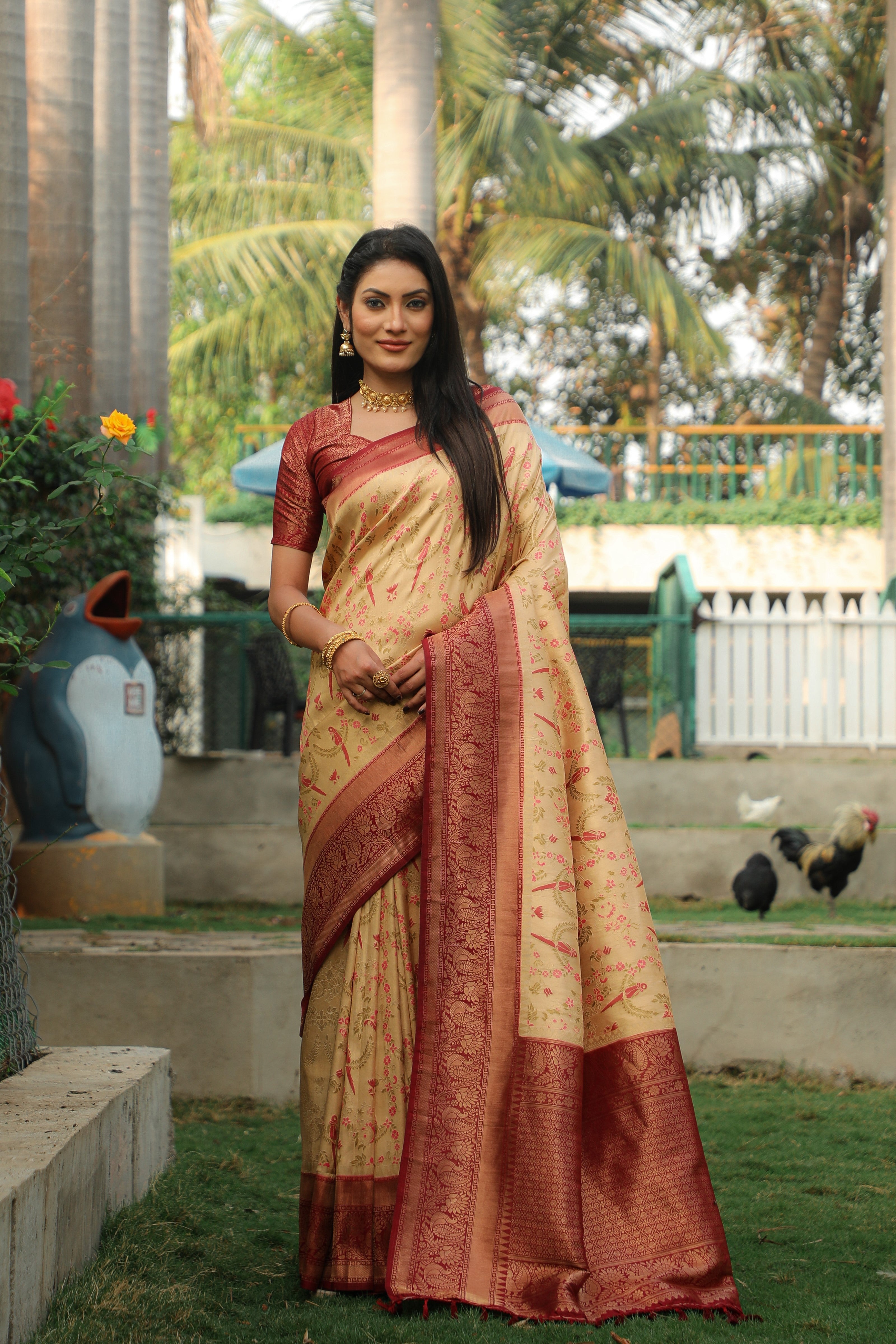 Vsaree Parrot Design Copper Zari Weaving Kanjivaram Silk Saree With Attrective Blouse And Rich Pallu