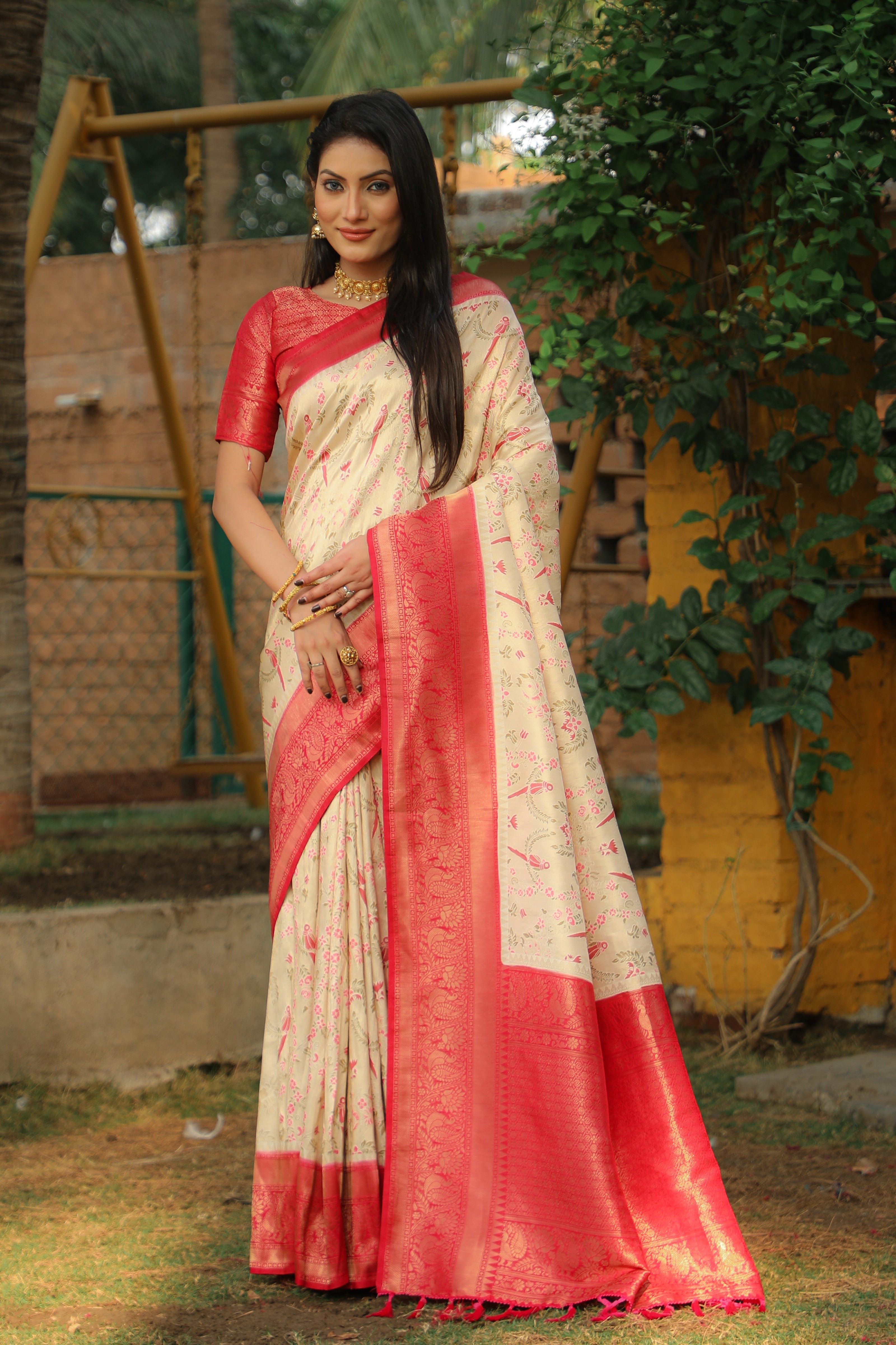 Vsaree Parrot Design Copper Zari Weaving Kanjivaram Silk Saree With Attrective Blouse And Rich Pallu