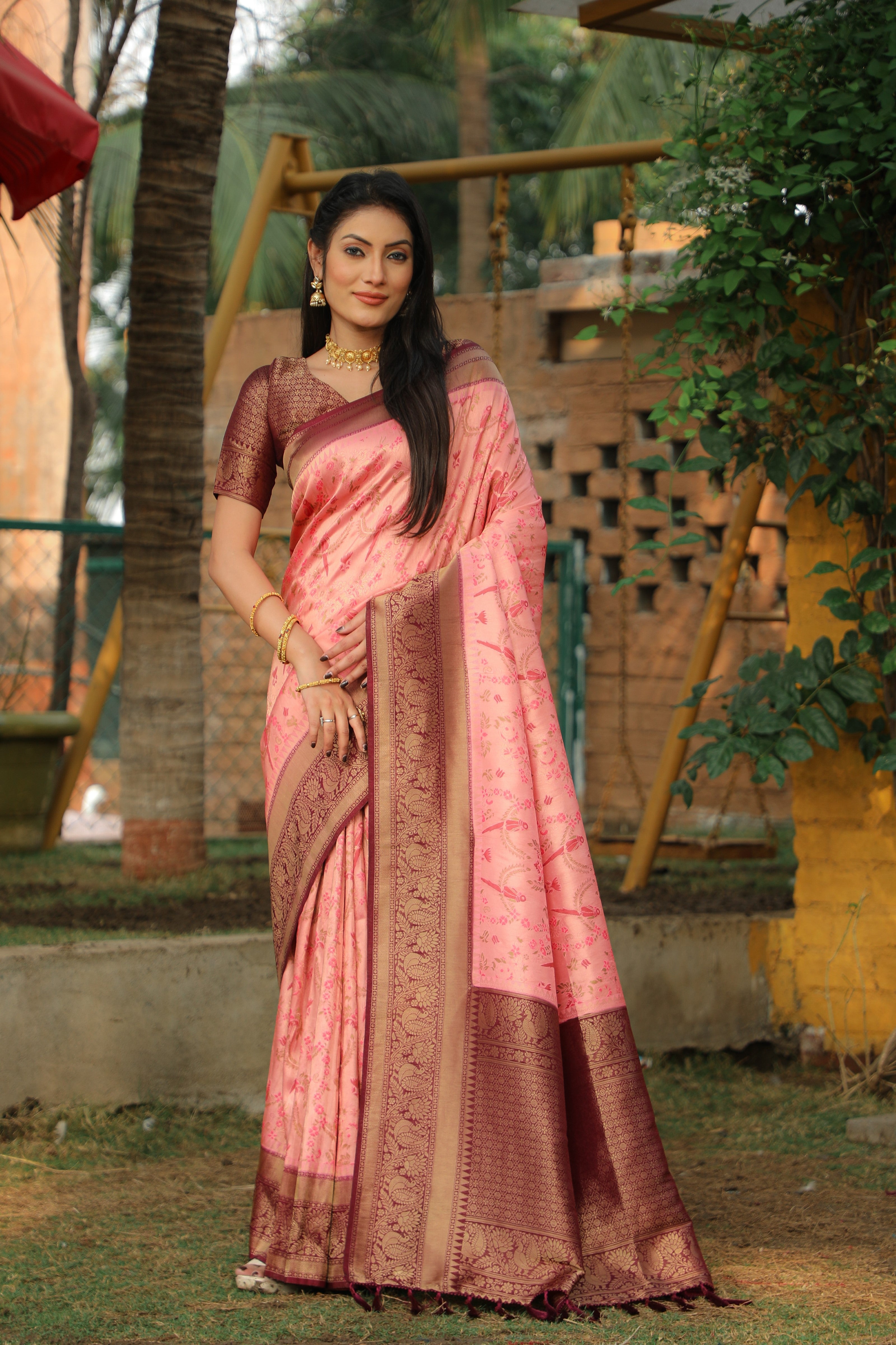 Vsaree Parrot Design Copper Zari Weaving Kanjivaram Silk Saree With Attrective Blouse And Rich Pallu