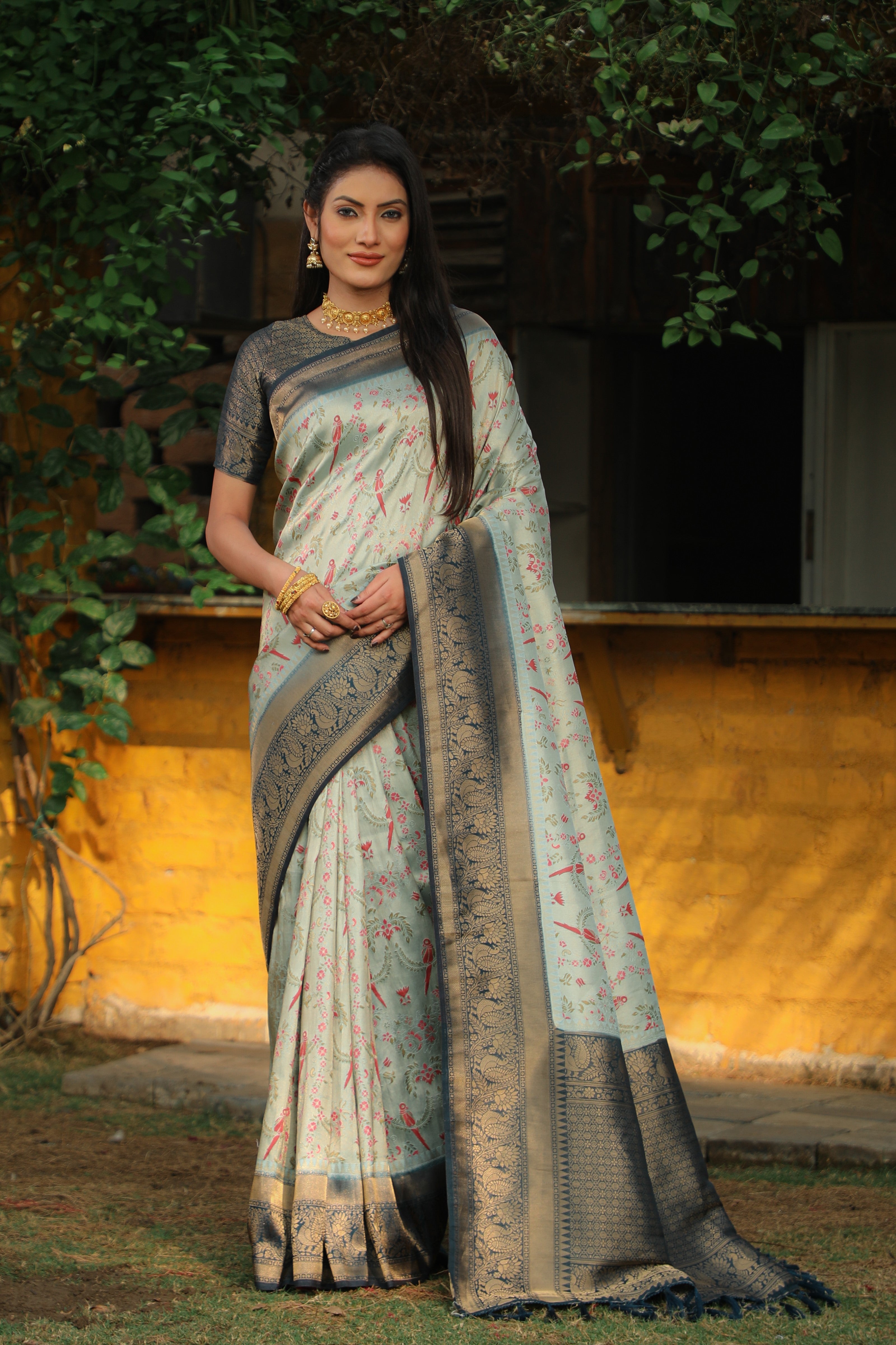 Vsaree Parrot Design Copper Zari Weaving Kanjivaram Silk Saree With Attrective Blouse And Rich Pallu