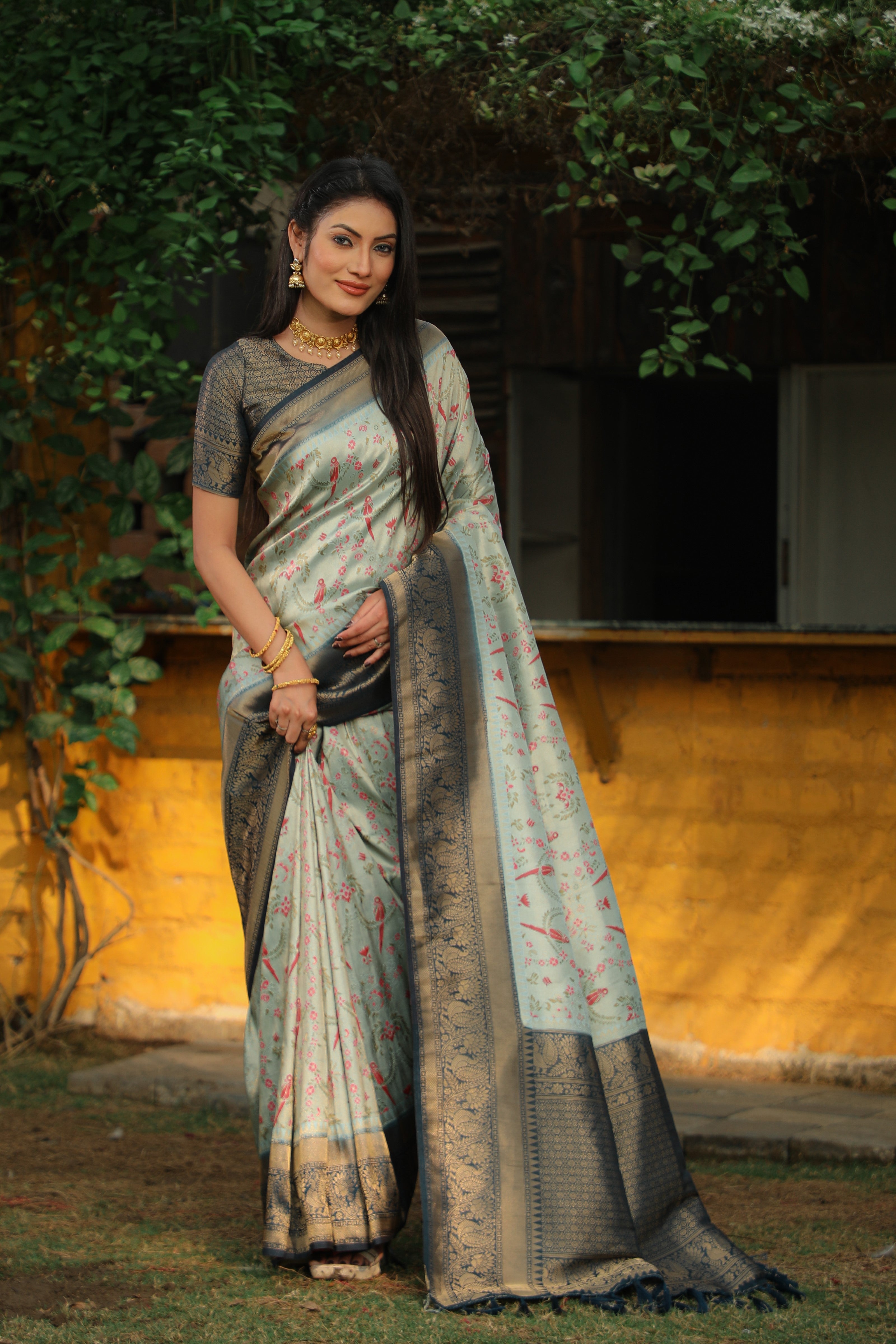 Vsaree Parrot Design Copper Zari Weaving Kanjivaram Silk Saree With Attrective Blouse And Rich Pallu