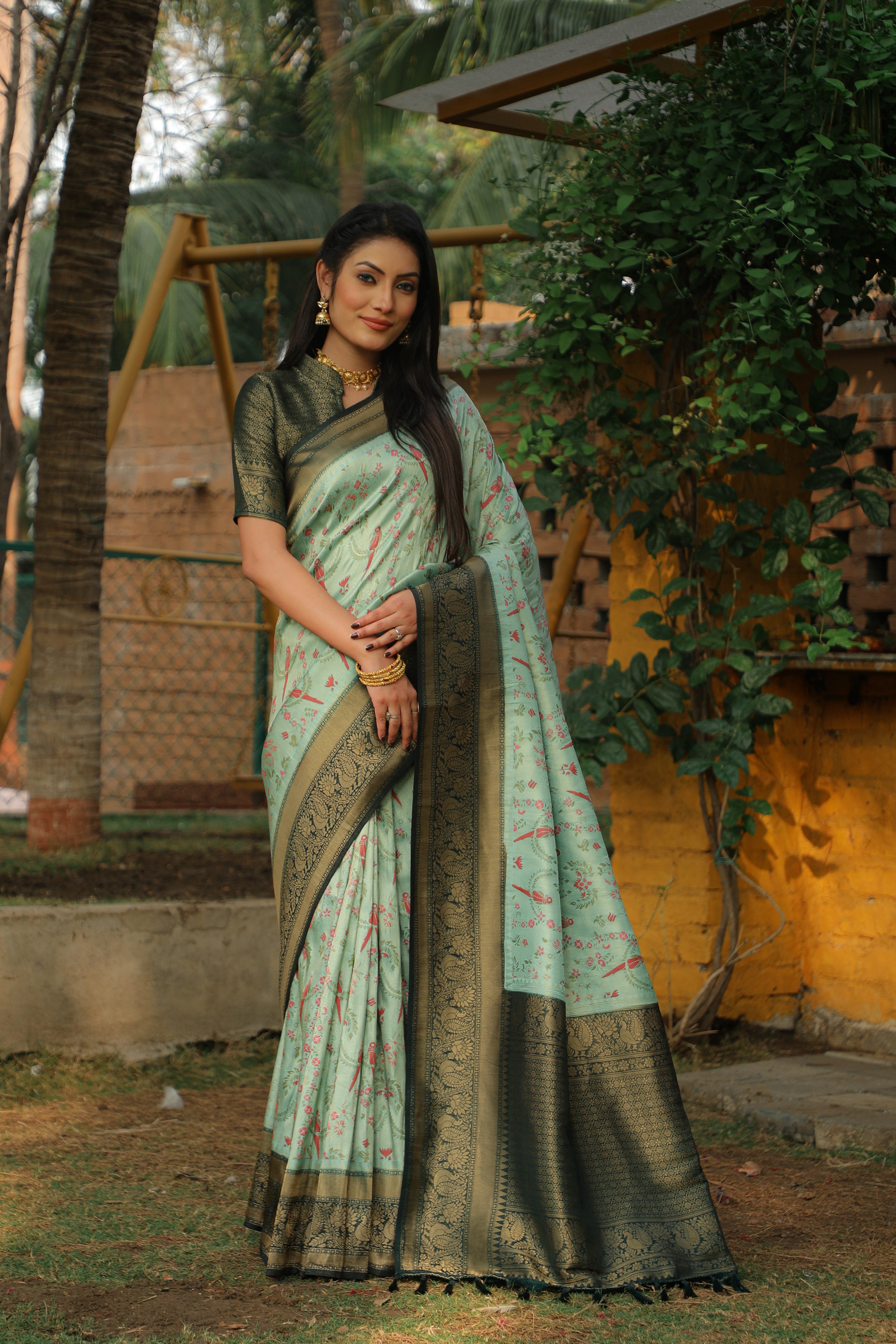 Vsaree Parrot Design Copper Zari Weaving Kanjivaram Silk Saree With Attrective Blouse And Rich Pallu