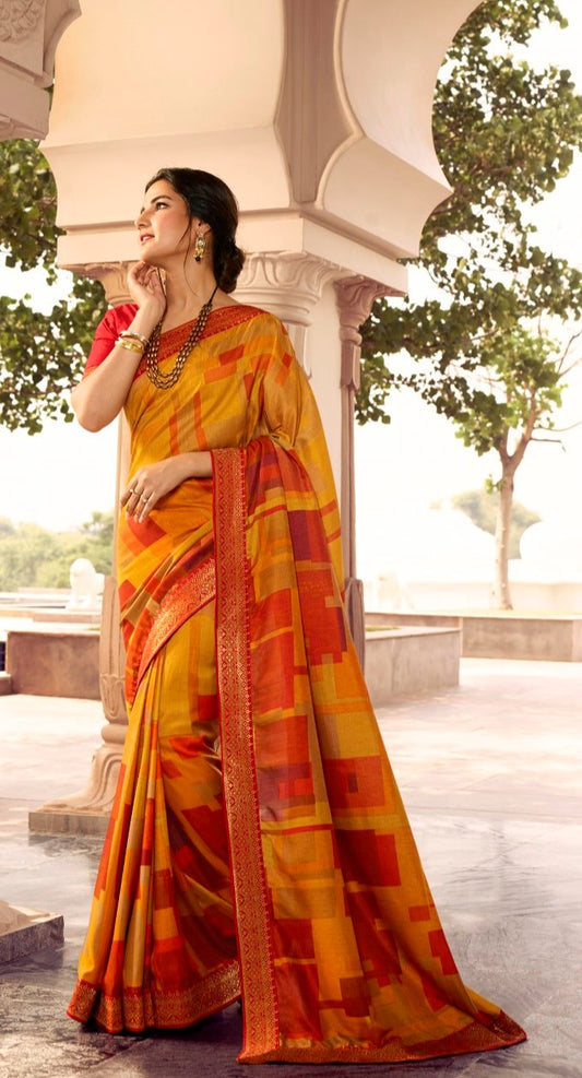 Vsaree Yellow Banglori Printed Pallu And Designer Border Saree With Banglori Blouse For Women