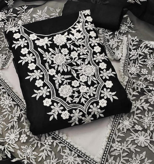 Zooara Black Color Organza Embroidery White Thread Dress Matrials With Bottom And Dupatta