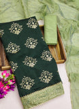 Zooara Green Color Chanderi cotton Embroidery White Thread Dress Matrials With Bottom And Dupatta