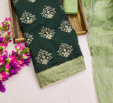 Zooara Green Color Chanderi cotton Embroidery White Thread Dress Matrials With Bottom And Dupatta