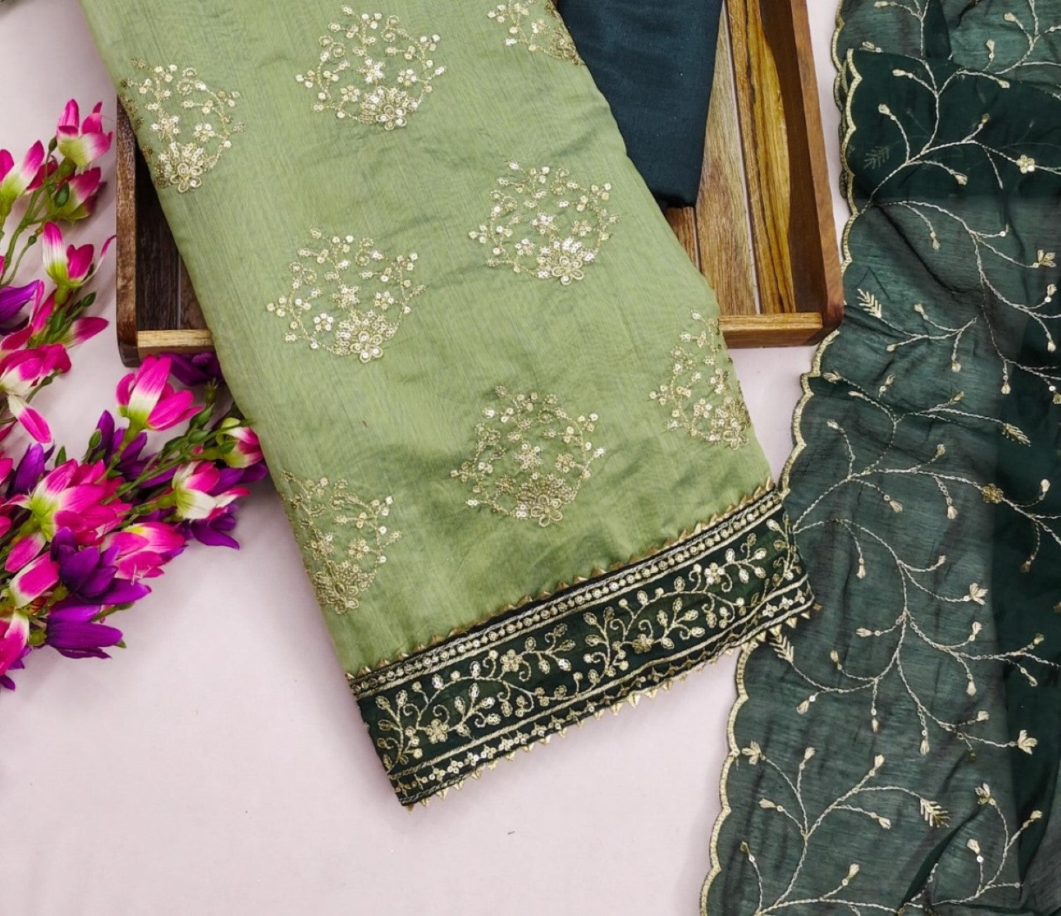 Zooara Parrot Green Color Chanderi cotton Embroidery White Thread Dress Matrials With Bottom And Dupatta