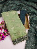 Zooara Parrot Green Color Chanderi cotton Embroidery White Thread Dress Matrials With Bottom And Dupatta