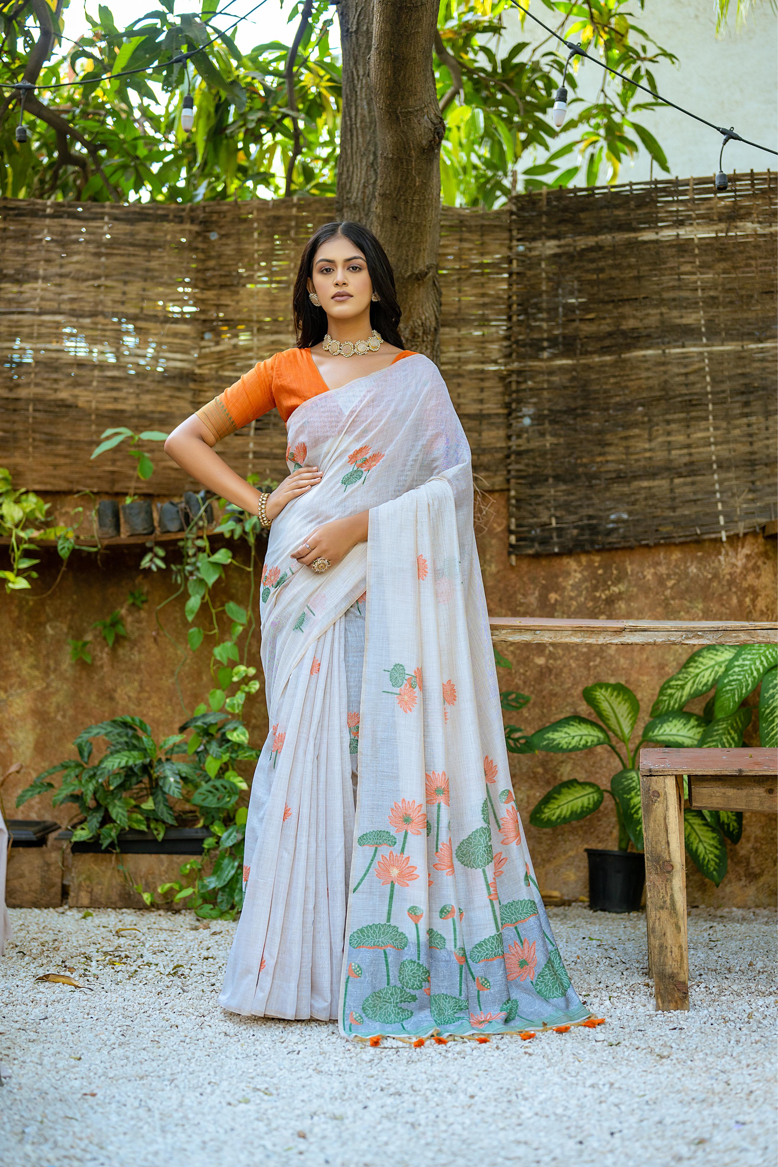 Vsaree Orange Muga Silk Saree With Unique Floral Weaving Pattern With Pichwai Type Weaving Pallu With Blouse