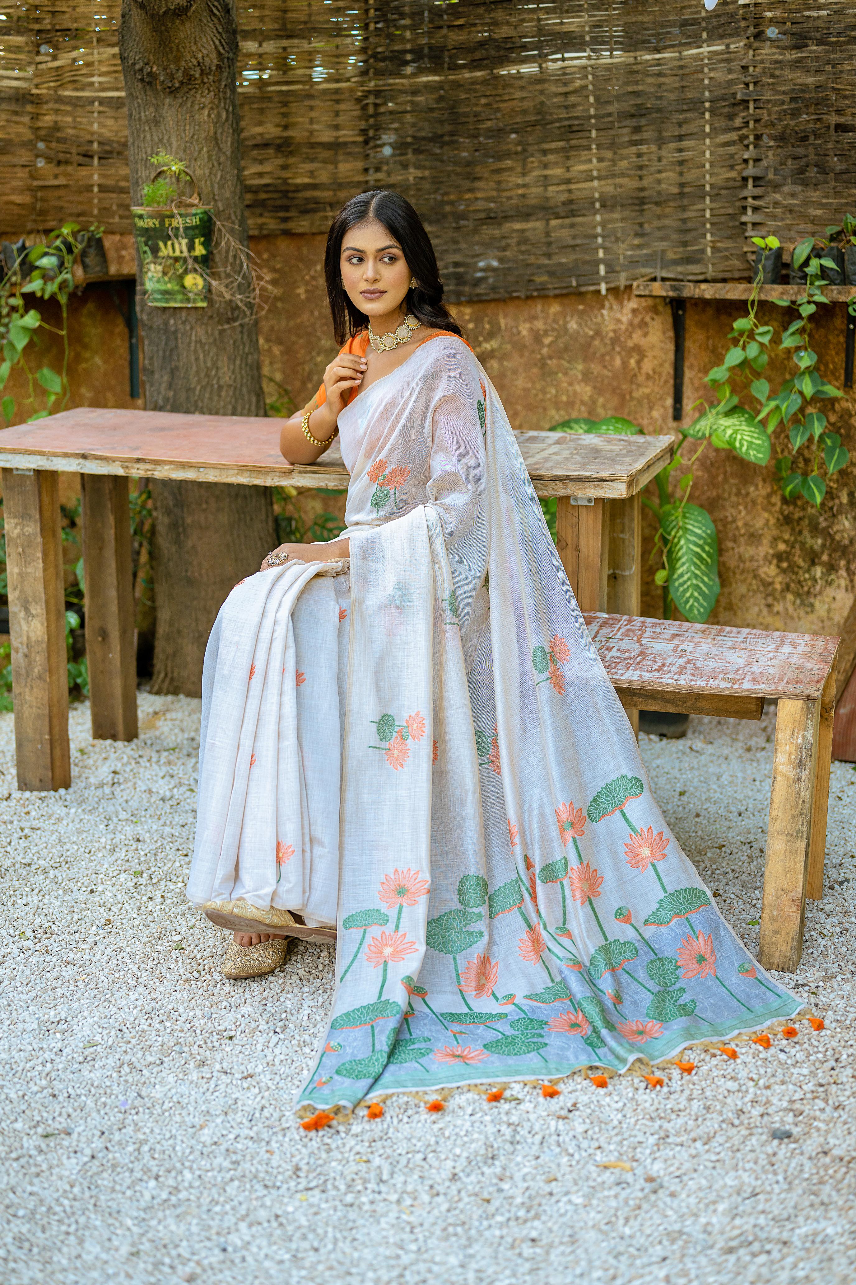 Vsaree Orange Muga Silk Saree With Unique Floral Weaving Pattern With Pichwai Type Weaving Pallu With Blouse