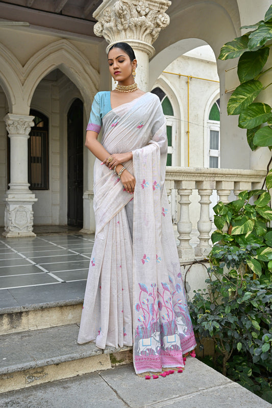 Vsaree Pink Muga Silk Saree With Unique Floral Weaving Pattern With Pichwai Type Weaving Pallu With Blouse