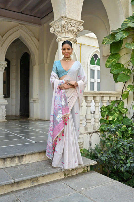 Vsaree Pink Muga Silk Saree With Unique Floral Weaving Pattern With Pichwai Type Weaving Pallu With Blouse