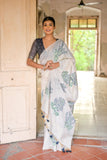 Vsaree Blue Muga Cotton Saree With Unique Floral Weaving Pattern With Small Zari Patta On Pallu With Blouse