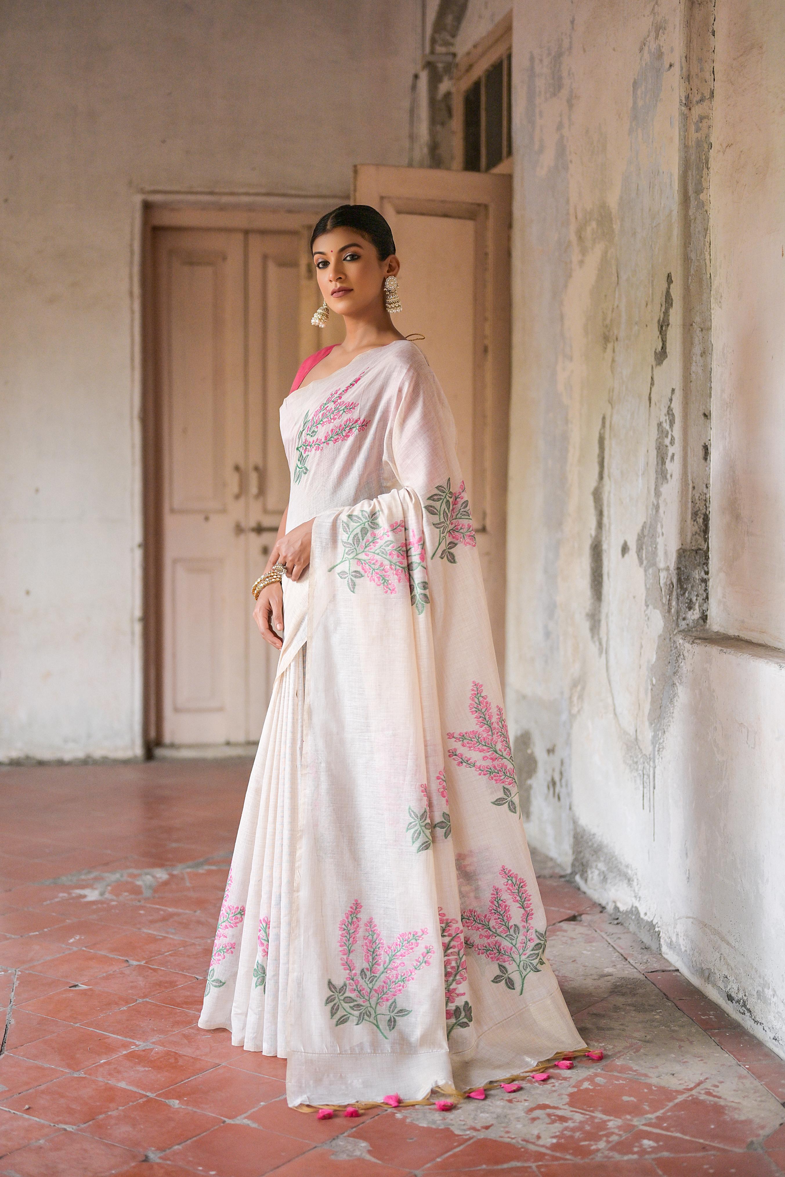 Vsaree Pink Muga Cotton Saree With Unique Floral Weaving Pattern With Small Zari Patta On Pallu With Blouse