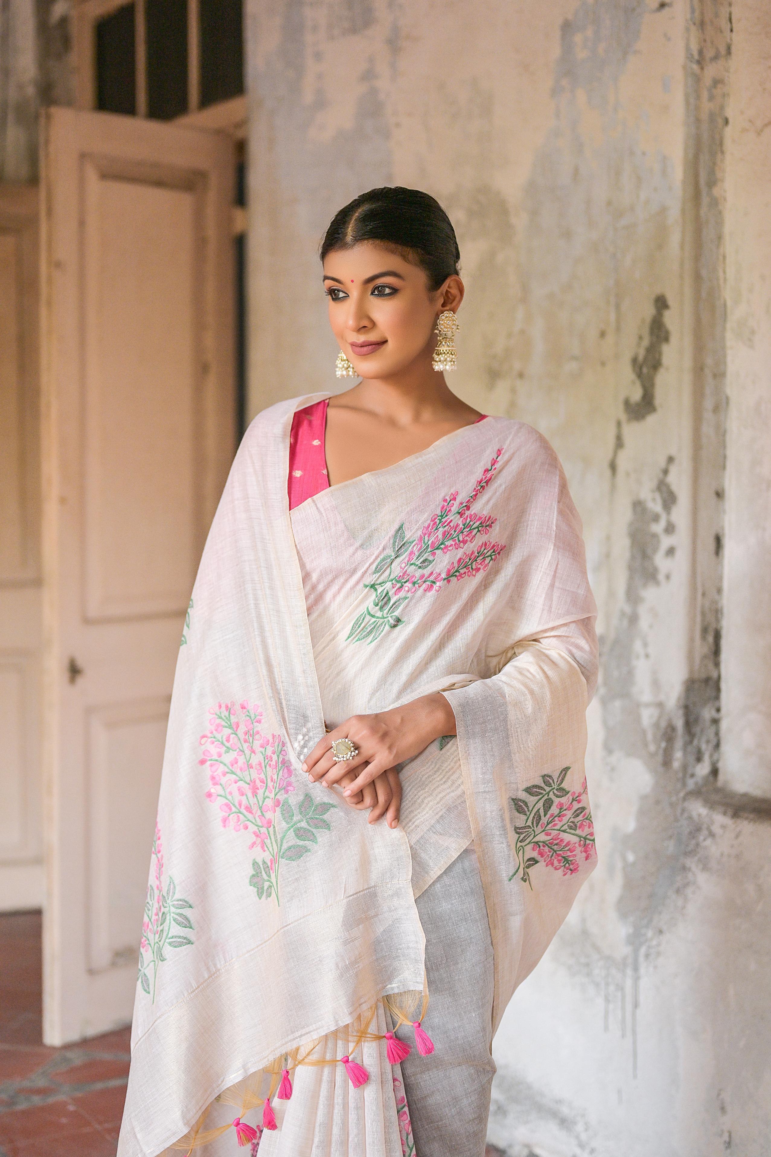 Vsaree Pink Muga Cotton Saree With Unique Floral Weaving Pattern With Small Zari Patta On Pallu With Blouse