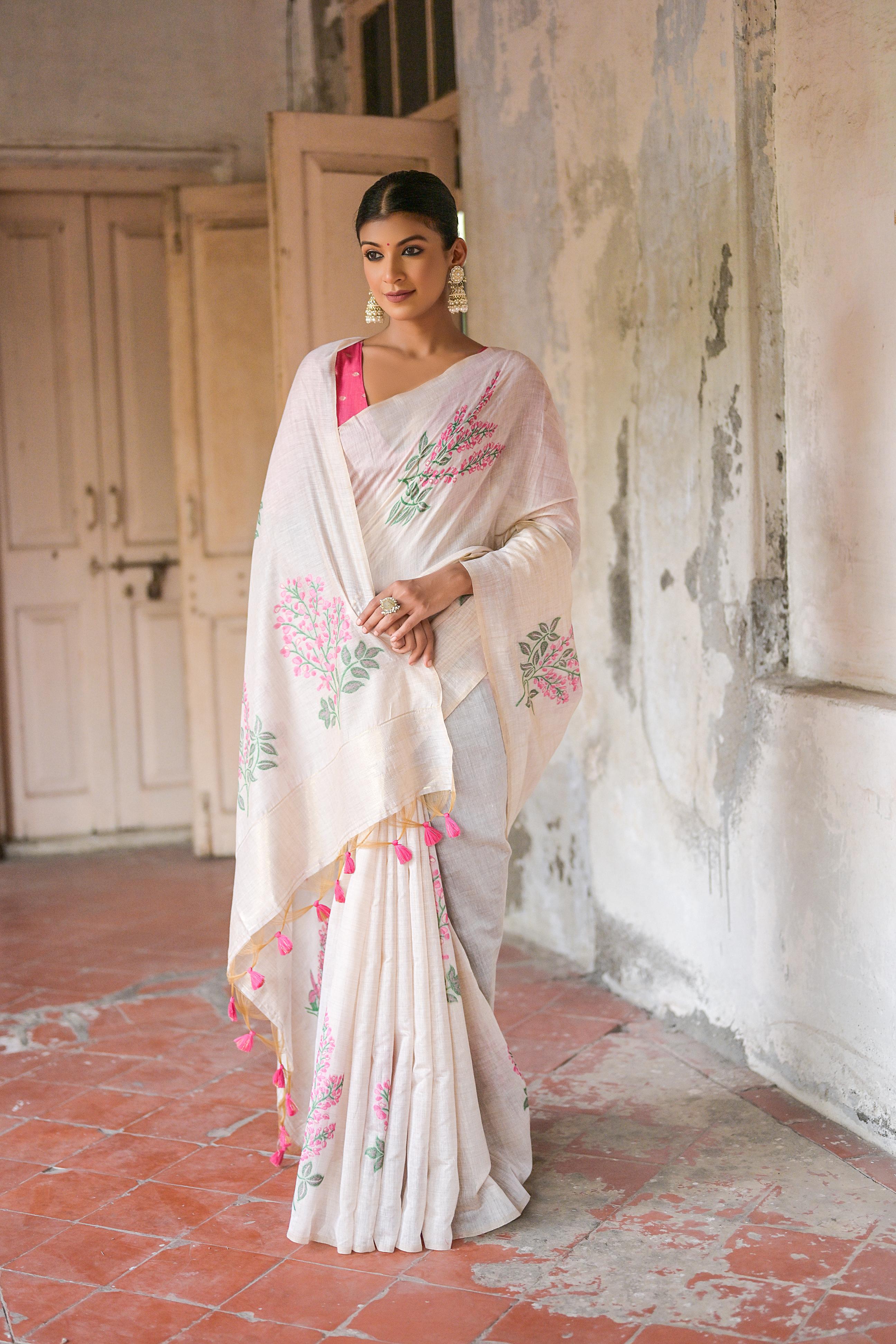 Vsaree Pink Muga Cotton Saree With Unique Floral Weaving Pattern With Small Zari Patta On Pallu With Blouse