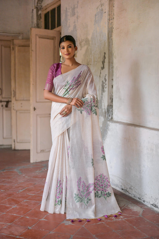 Vsaree Wine Muga Cotton Saree With Unique Floral Weaving Pattern With Small Zari Patta On Pallu With Blouse