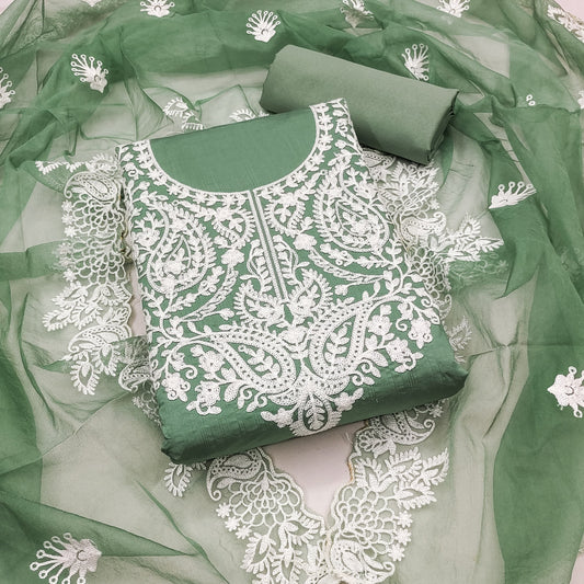 Green Cotton Dress Function And Wedding Wear  Embrodary  Work Semi Stitched  Matrials For Women