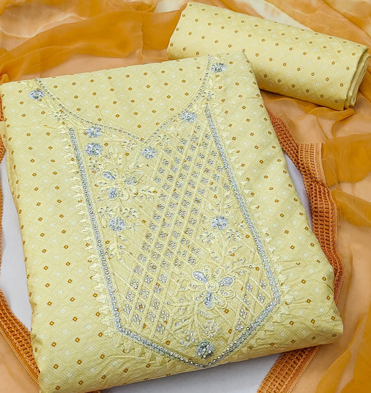 Yellow Cotton Printed Dress Function And Wedding Wear  Embrodary  Work Semi Stitched  Matrials For Women