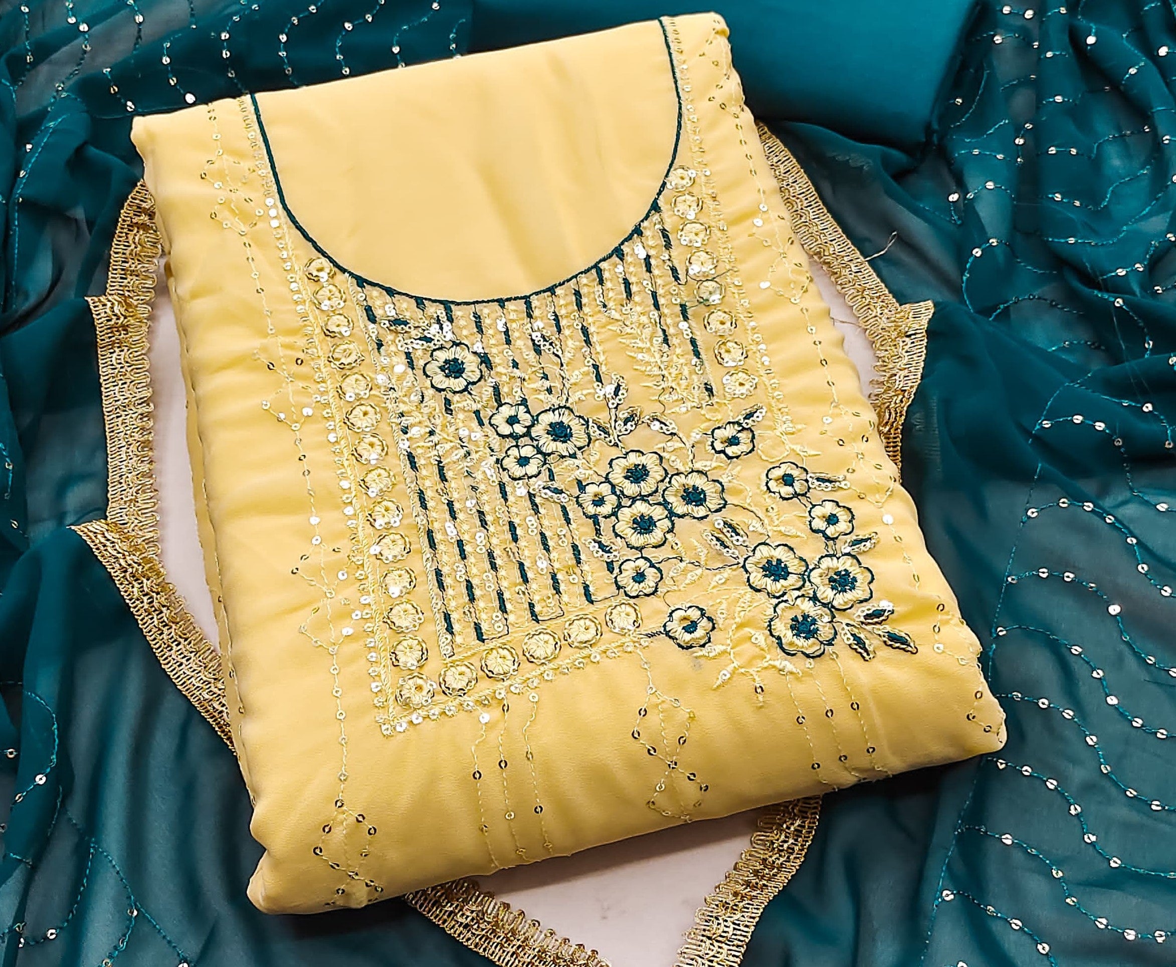 Light Yellow Faux Georgette Dress Wedding Wear  Embrodary  Work Semi Stitched  Matrials For Women