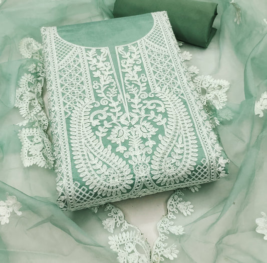 Zooara Green Color Cotton Silk Function And Wedding Dress Embrodary Work Matrials With Bottom And Dupatta