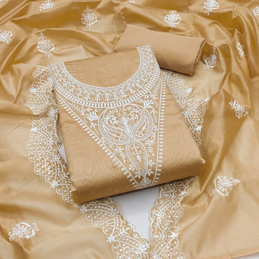 Zooara Cream Color Chanderi Function And Wedding Dress Embrodary Work Matrials With Bottom And Dupatta