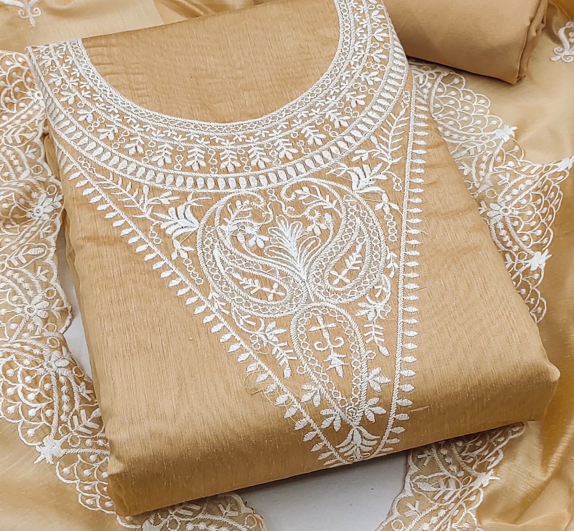 Zooara Cream Color Chanderi Function And Wedding Dress Embrodary Work Matrials With Bottom And Dupatta