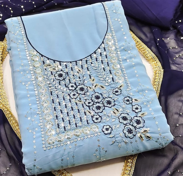 Zooara Sky Blue Color Faux Georgette Function And Wedding Dress Embrodary Work Matrials With Bottom And Dupatta