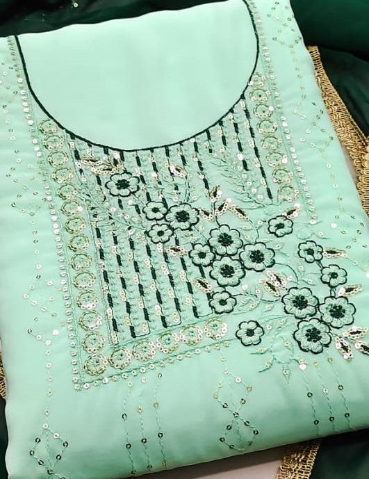 Zooara Teal Color Faux Georgette Function And Wedding Dress Embrodary Work Matrials With Bottom And Dupatta